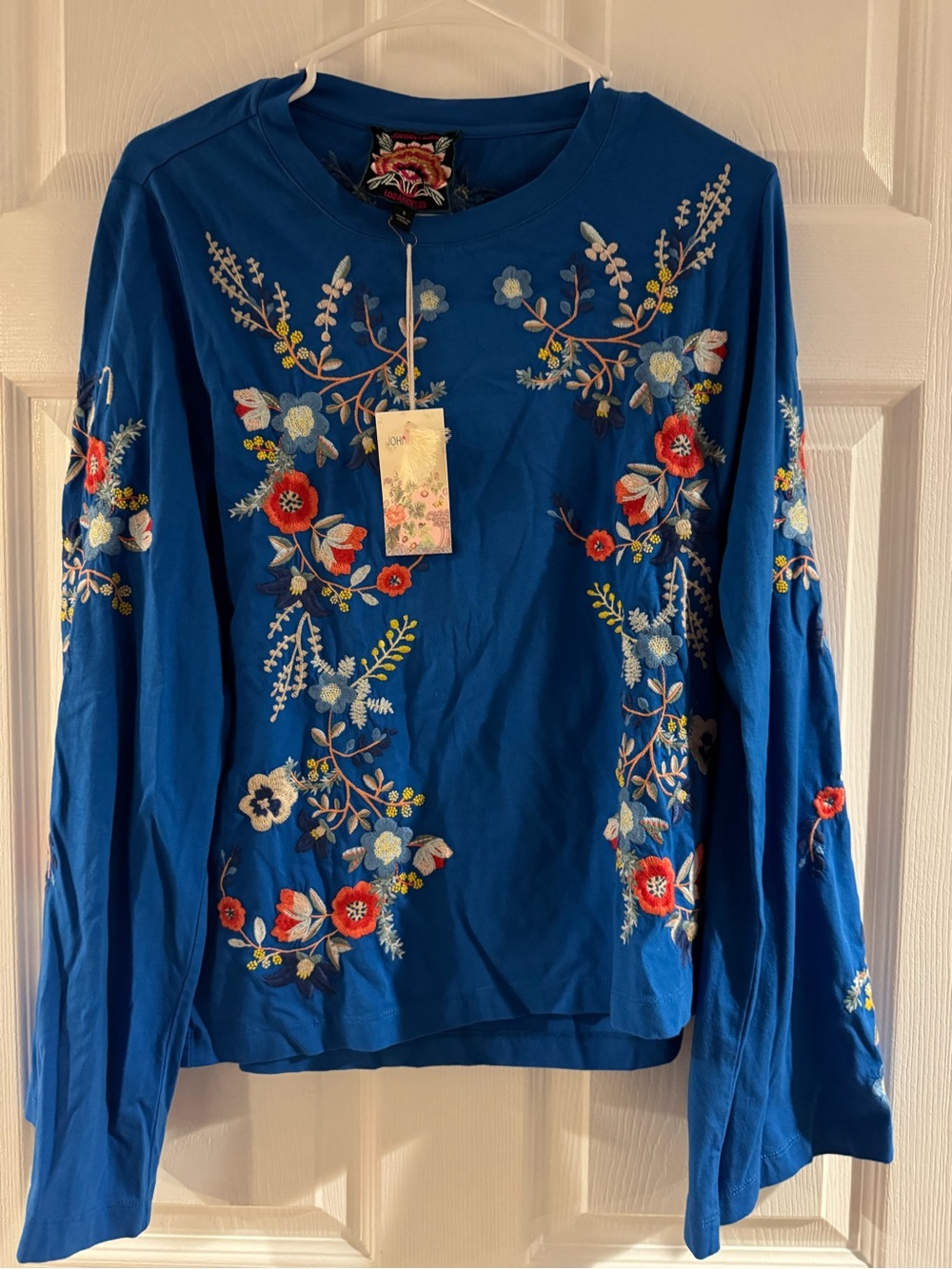 Johnny Was Royal Blue Embroidered Floral Long-Sleeve Top